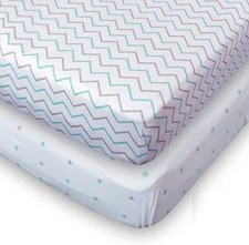 2 Baby Crib Sheets Fitted Jersey Cotton Chevron Cross Blue/Grey bed materials