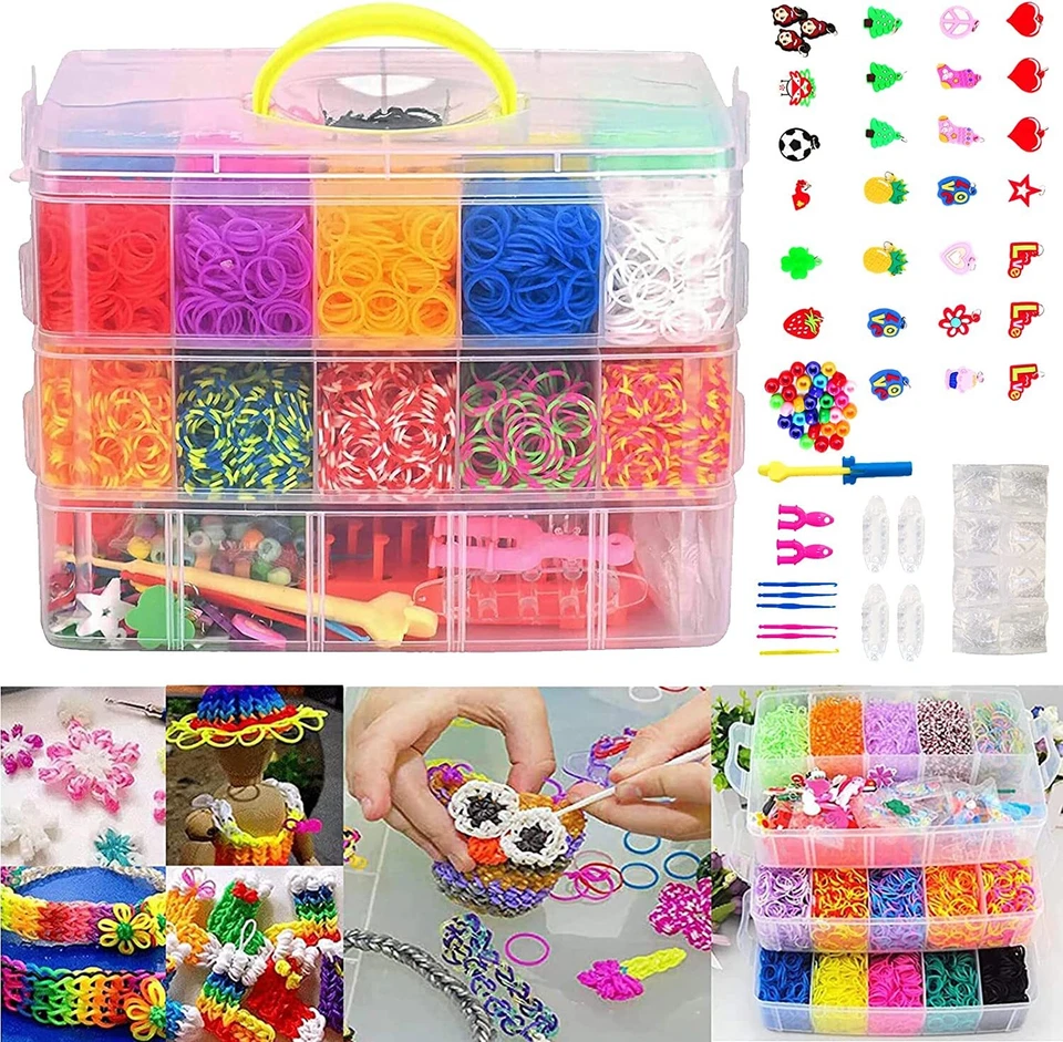 MARKENLOS Loom Bands ca.15000 Stk. bunte Gummibänder Set + Haken Webrahmen Webhaken
