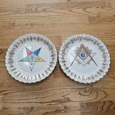 VINTAGE SANDERS MFG 2 Masonic Plates Compass Order Of Eastern Star Made In USA