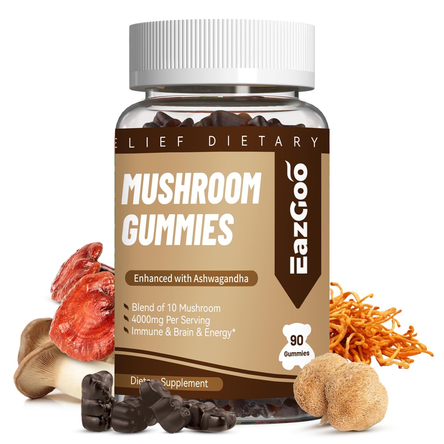 EAZGOO Mushroom Gummies Supplement - with Ashwagandha Lions Mane Shitake Mush...