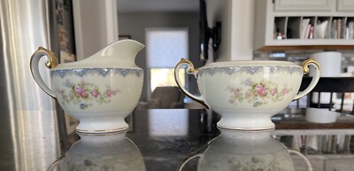 Meito N.S.P. China Sugar & Creamer Blue Border 10  Wide Floral Sprays Japan