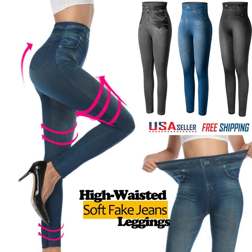 Womens Soft Fake Jeans Leggings High Waist Slim Pencil Stretch