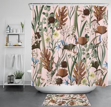 Autumn Green Leaf Pink and Blue Floral Shower Curtain Bathroom Accessories Set