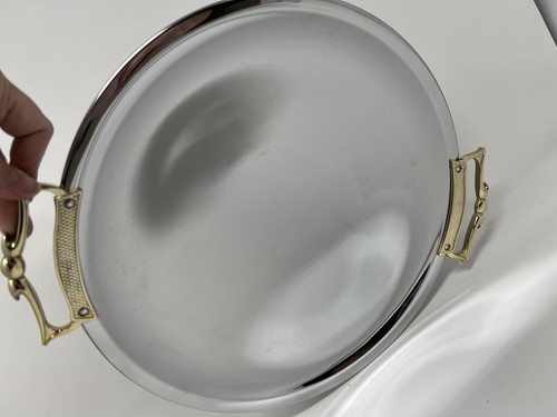Vintage Kromex Round Serving Tray Platter 13” Stainless Chrome w/ Brass Handles - Picture 6 of 11
