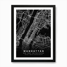Manhattan New York USA Black Map Ar Framed Wall Art Poster Canvas Print Picture