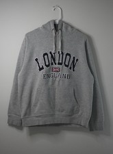 London England Gray Graphic Hoodie with Union Jack Patch, Pockets, Size L