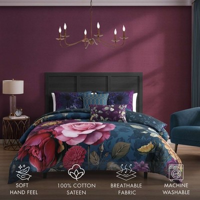 Bebejan Vibrant Flora 5 Piece Reversible Comforter Set,100% Cotton Sateen