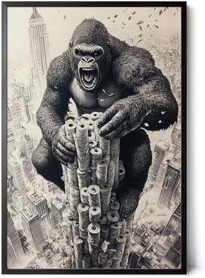 30x45cm Rahmen schwarz   King Kong auf dem Klopapier-Turm  Coole Deko