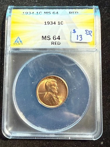 1934 LINCOLN WHEAT CENT ANACS MS 64 RD 100
