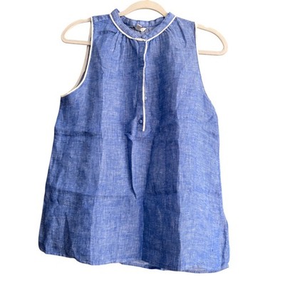 Joie Blue 100% Linen Sleeveless Mandarin Collar Blouse White Piping Small