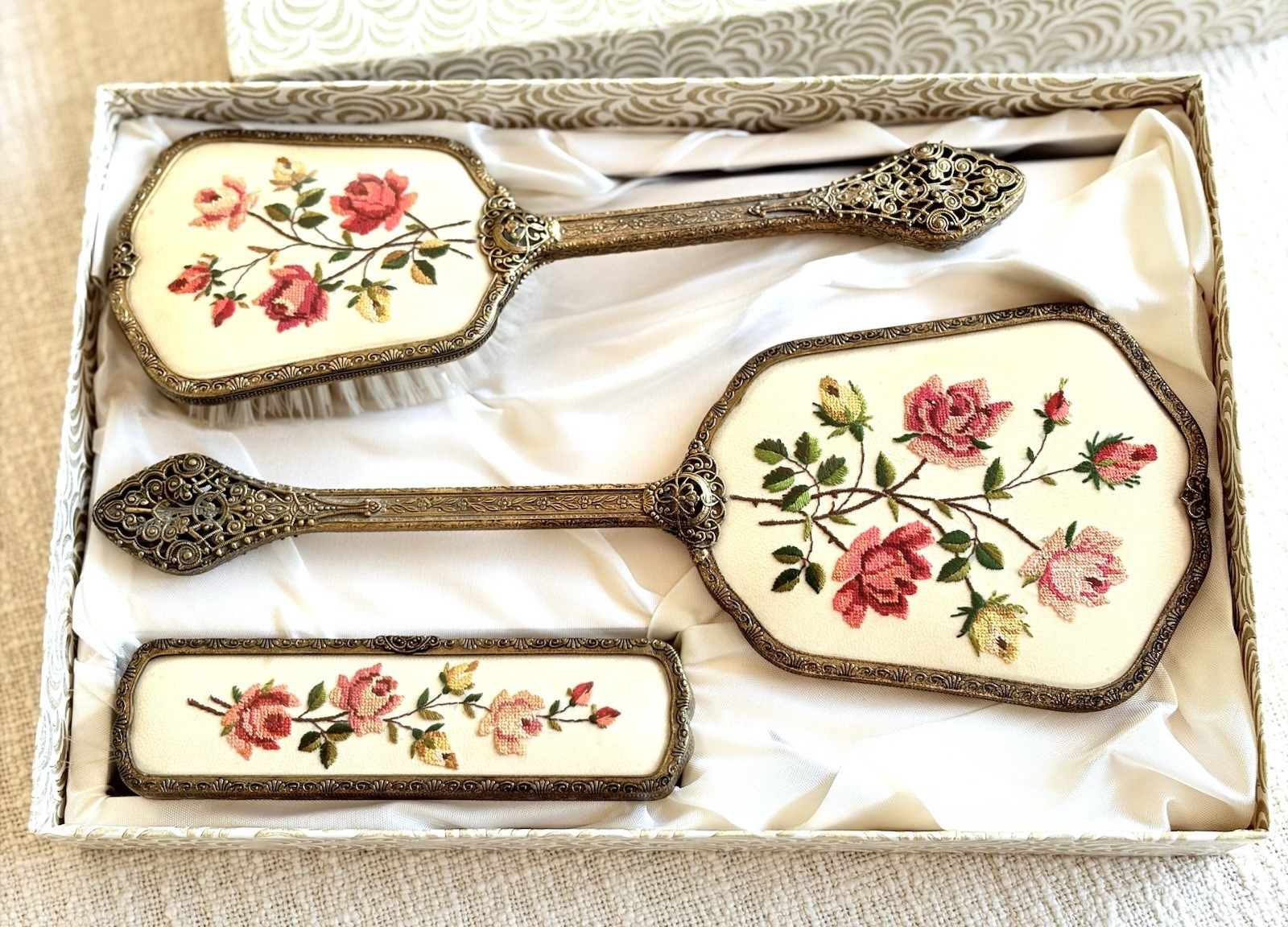 Vintage Rondis Vanity Trio Set Made In England Antique Bronze Hand Embroidered