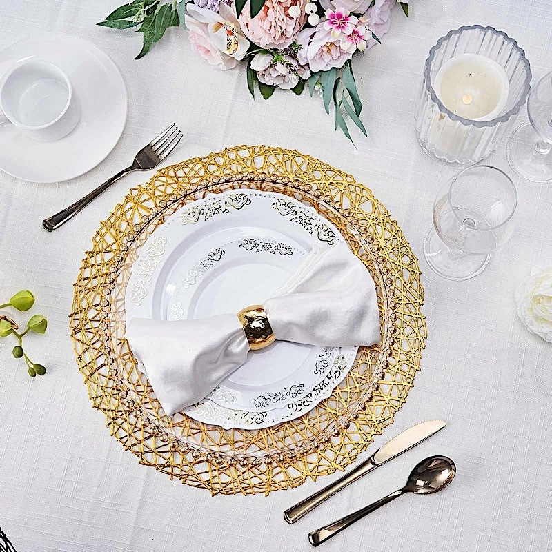 6 GOLD 15" wide Round Vinyl String Placemats Party Wedding Decorations - Image 3 of 4