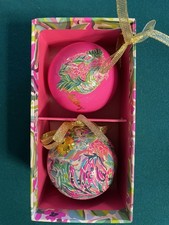 LILLY PULITZER FELINE FINE PLUMERIA 2021 CHRISTMAS BALL ORNAMENTS -SET OF 2