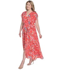 Eliza J Plus Size Printed V-Neck Faux-Wrap Chiffon Dress - Red Multi-16W