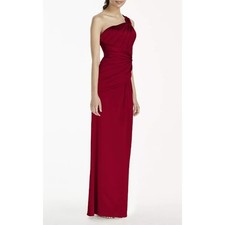 David's Bridal Red Satin One-Shoulder Ruched Formal Dress Womens Size 4 Pleated