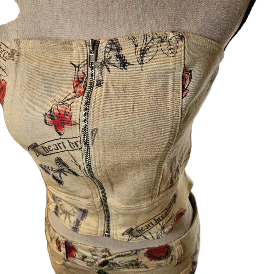 Top/falda de mezclilla sin tirantes rosa amarilla de 2 piezas Y2K, años 90, retro Foto 3 de 4