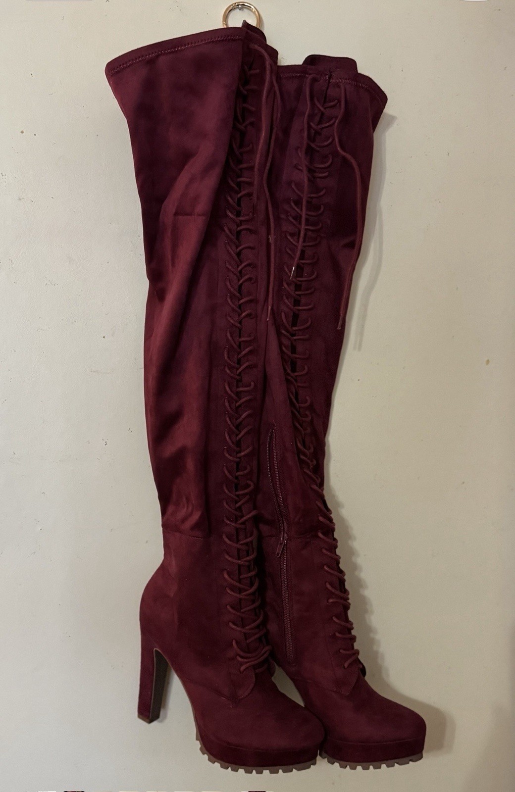 Burgundy Over-the-Knee Lace-Up Zip Platform Block Heel Faux Suede Women's Boots
