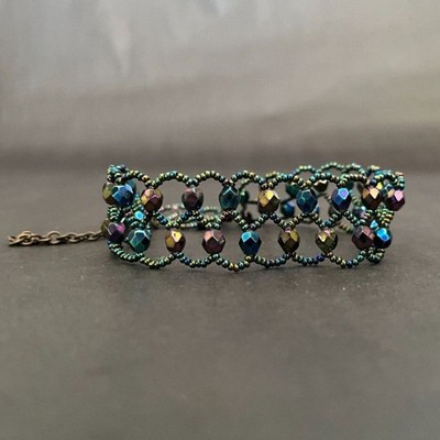 Robert Rose Iridescent Beaded Cuff Bracelet Teal Blue Faceted Crystal