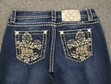 Miss Me Jeans Size 26 Mid-Rise Easy Straight Dark Wash Fleur-De-Lis Gold
