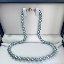7.5-8.0mm Round blue Akoya pearl Necklace 14k solid yellow gold Clasp,18"