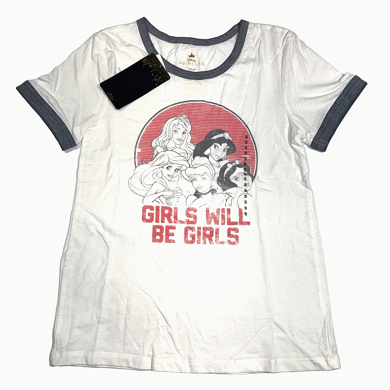Disney Princess Juniors Girls Will Be Girls White Ringer Graphic T-Shirt Top Tee