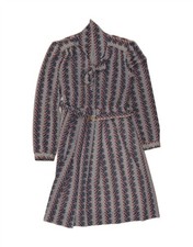 VINTAGE Womens Front Tie A-Line Dress UK 14 Medium Grey Striped CV01