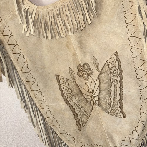 Vintage 70s Poncho Tan Suede Leather Fringe Floral Butterfly Boho Western Folk - Picture 8 of 9