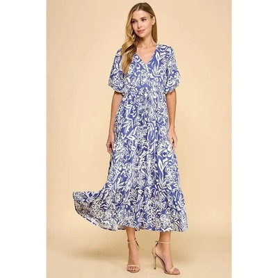 Beautiful Floral Blue and White Dress by TCEC. Sizes are small to large.