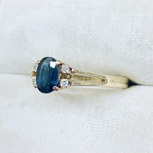14k Yellow Gold Oval Cut Blue Sapphire & Diamond Split Shank Wedding Ring Size 7 - Picture 3 of 9