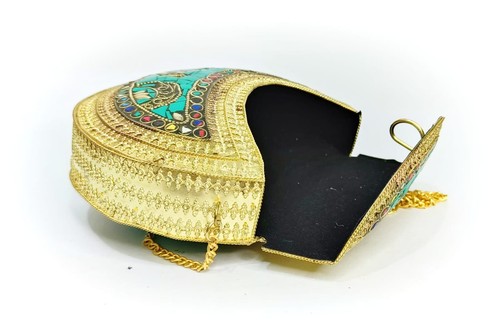 multicolor green mosaic metal clutch golden accent - Picture 7 of 11