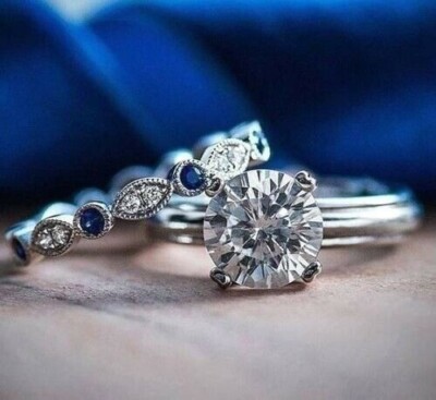 2CT Round Cut Diamond Lab Created Engagement Wedding Ring Set 14K White ...