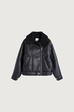 New Oak+fort Oversized Sherpa Faux Leather Aviator Jacket Black Size Medium