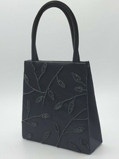 Black Satin Evening Bag with Black Leaf Beading snap closure rope shoulder strap