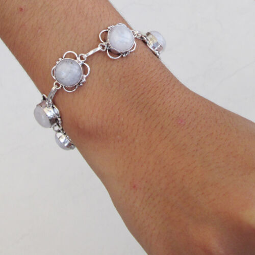 Christmas gift jewelry moonstone pearl silver plated bracelet Sz 8" Adjustable - Picture 2 of 9