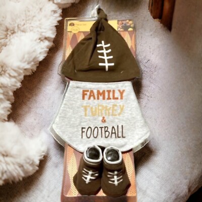 Baby Boy 0-12 Mo Thanksgiving Hat Bib Socks New Family Turkey & Football Funny