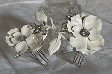 Paris By Debra Moreland Ivory Enamel Floral Rose Crystal HairComb Bridal Evening