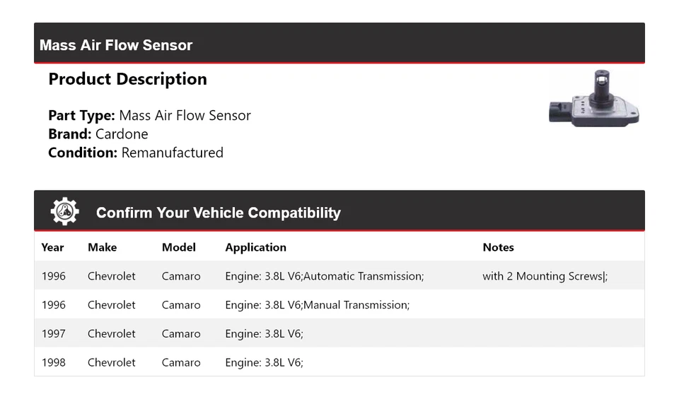 Sensor de flujo de aire masivo Cardone 1997 1997 para Chevrolet Camaro 1996-1998 3,8 L V6 Foto 2 de 4