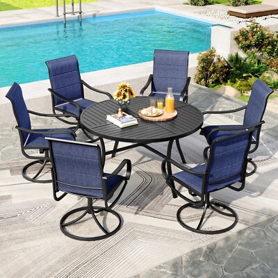 7Piece Patio Dining Set with Umbrella Hole Outdoor Table Chairs Set Round Table