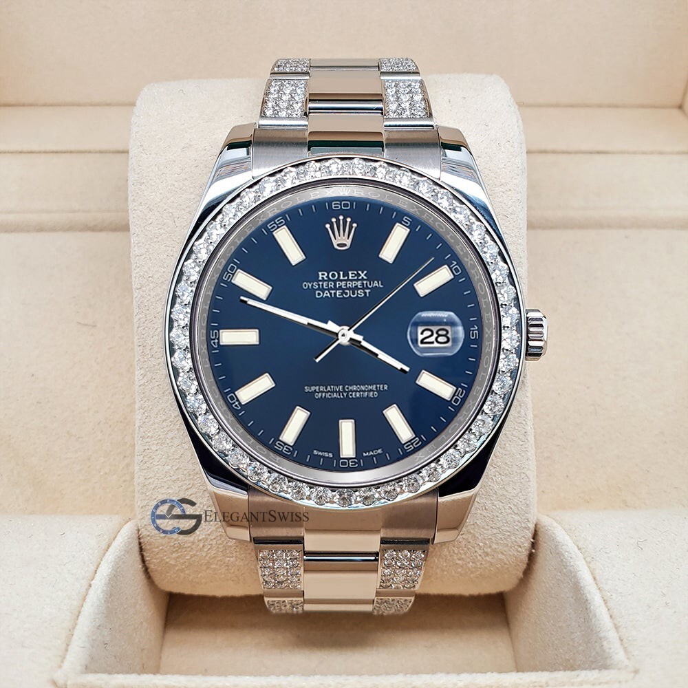 Rolex Datejust II 41mm 5ct Diamond Watch With Blue Stick Dial