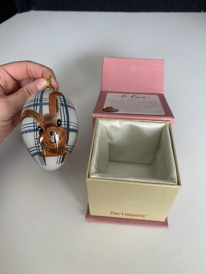 Pier 1 2020 LI BIEN RABBITT PAINTING EASTER EGG ORNAMENT Blue White Brown Bunny