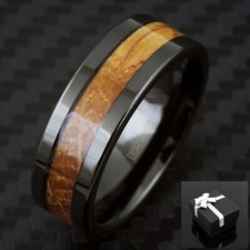 8mm Men's Tungsten Black Whiskey Barrel Wood Center Wedding Band Ring
