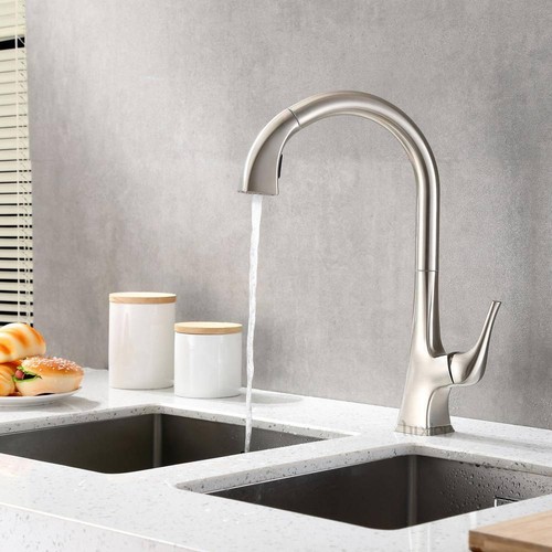 Luxier Pull Down Kitchen Faucet Ceramic Deck Mount 1Handle BrushNickel 2Function - Picture 3 of 8