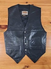 Vintage Paragraff Leather Vest Mens L Black Satin BackBuckleWestern Waistcoat S1