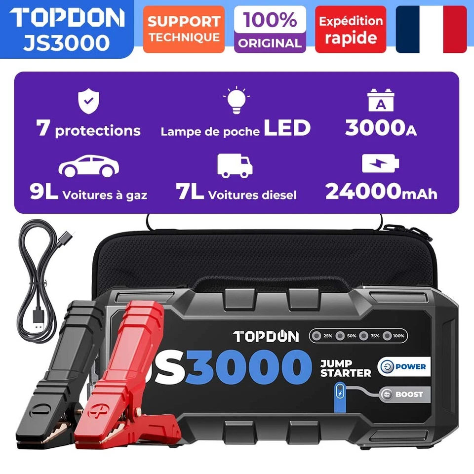TOPDON JS3000 3000A 24000mAh 12V Banque de puissance de démarrage Jump Starter - Photo 1/4