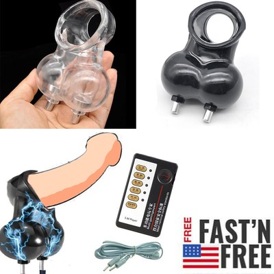 Male E-Stim Shock Chastity Cage Time Delay Ball Stretcher Enhancer Sleeve Men