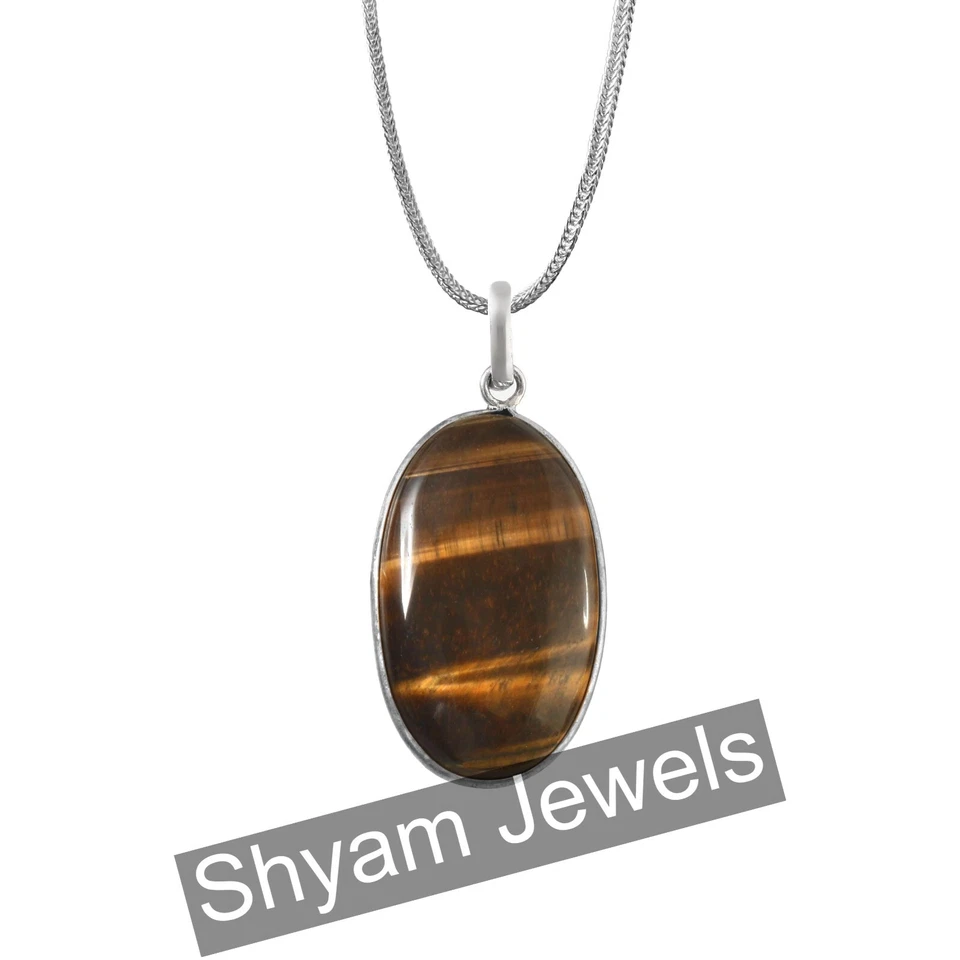 Pendente In Argento Sterling 925 Con Gemma Ovale In Occhio Di Tigre E Catena - Immagine 3 di 4