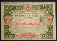 Tramways Electriques de Vanves a Paris, 1900 (selten!), Aktie im Jugendstil