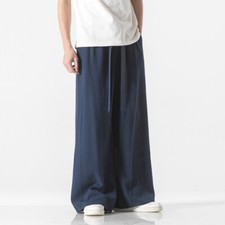 Men Chinese Kung Fu Pants Loose Martial Art Linen Trouser Elastic Waisted Casual