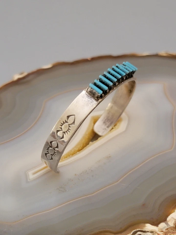 Vtg Zuni Sterling Silver Needlepoint Turquoise Childs Cuff Bracelet Signed RL - Image 2 of 4
