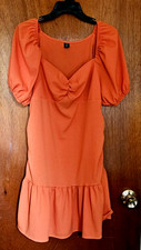 Shein Curve Orange Puff Sleeve Dress XXL Ruched Side with Zipper Short Length